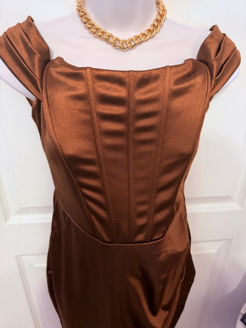 Copper Satin Strapless Evening Dress